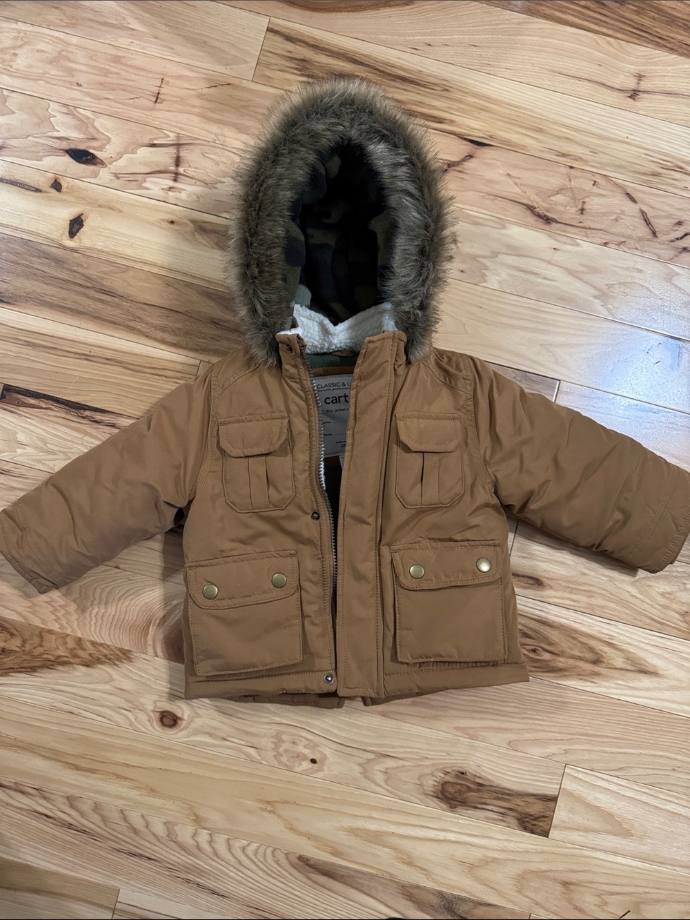 Carter's Tan Hooded Puffer Jacket with Faux Fur Trim